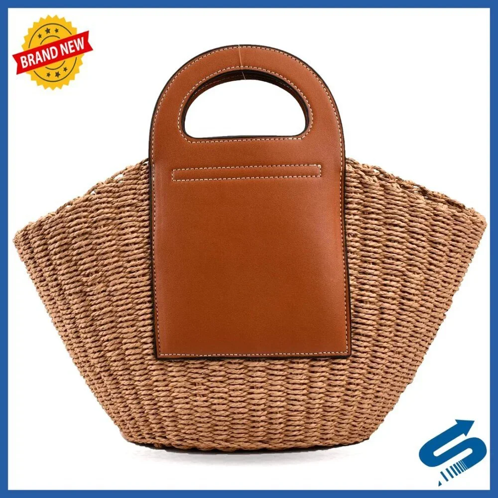 Handmade Straw Tote Bag Large Capacity Leather Stitching Boho Beach Travel Bag